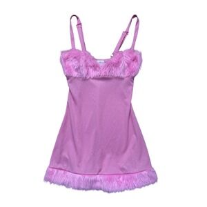 VTG y2k bubblegum pink sparkly feather fluffy fembot marabou mini dress sexy S‎